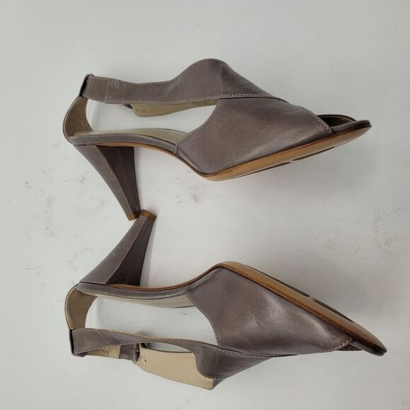 AGL gray brown leather sling back sandal cone heels sz EU 40 US 10 criss cross - Picture 5 of 10